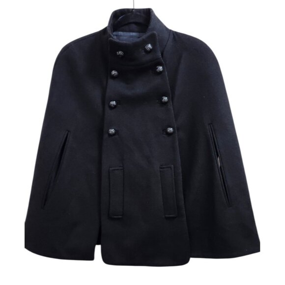 ZARA Style Black Wool Cape Coat – Double Breasted, High Collar, Elegant Fall Out - Picture 2 of 8